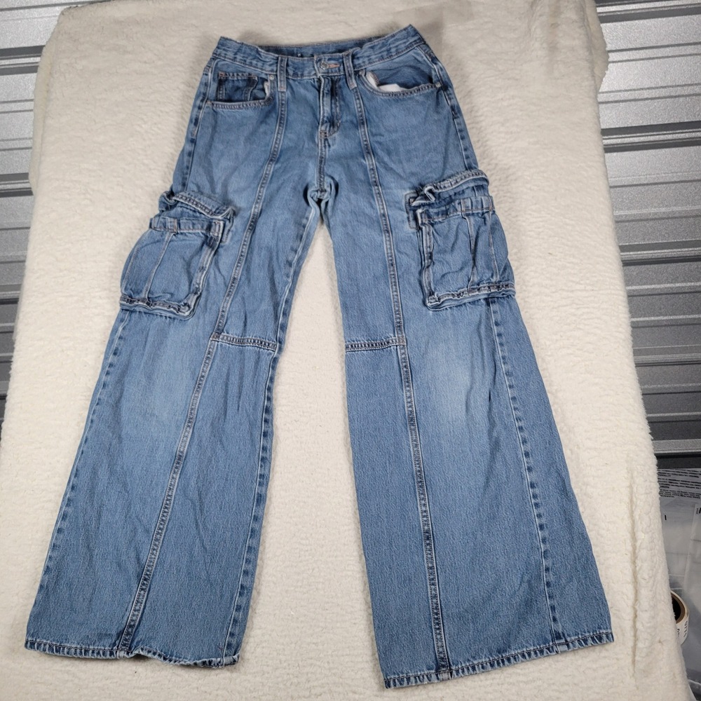 Gap Wide Leg Cargo Jeans Womens 16 Light Wash Blue High Rise Utility Seam Detail